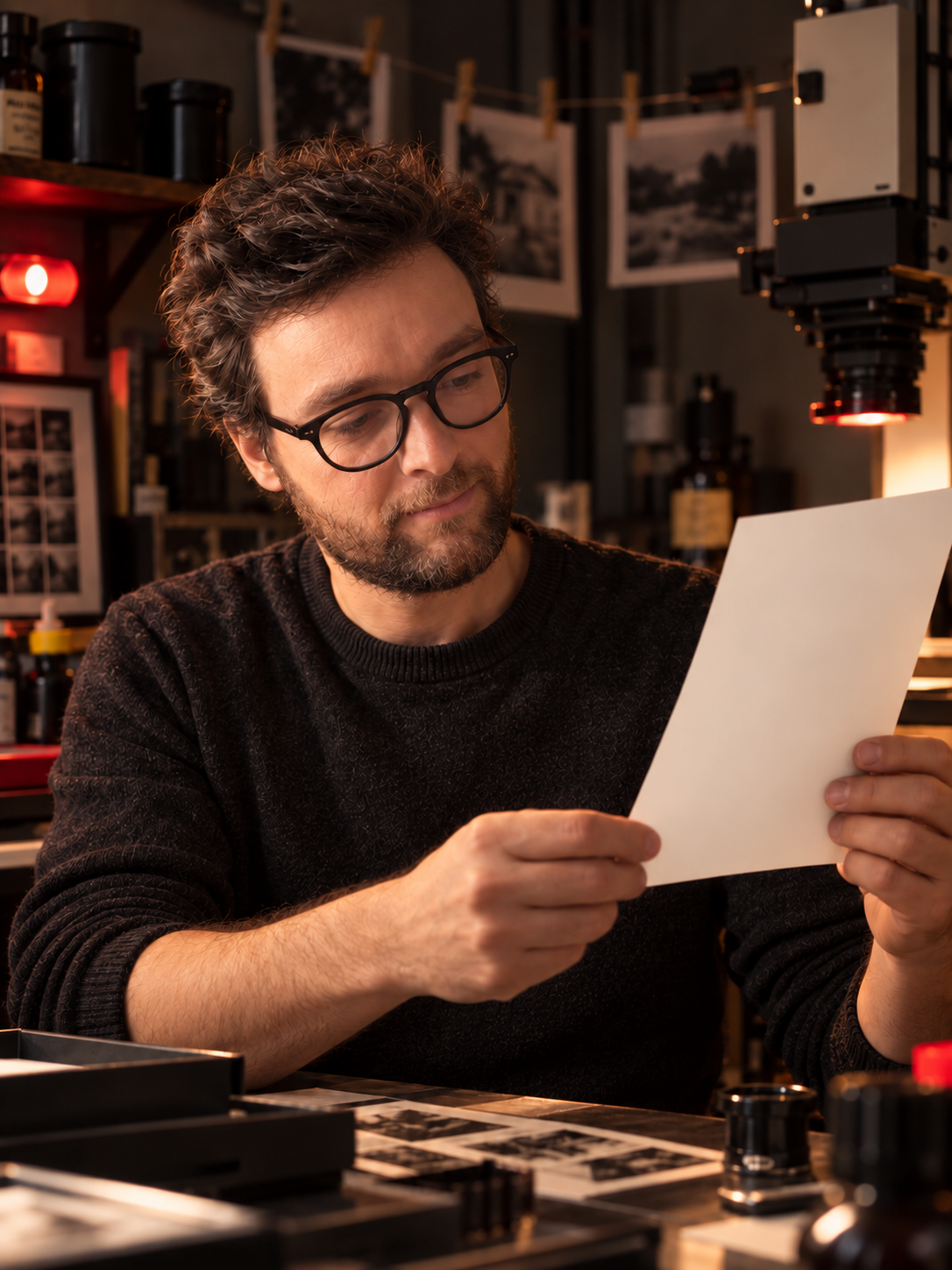 Lewis dans son atelier, examinant une photographie ancienne